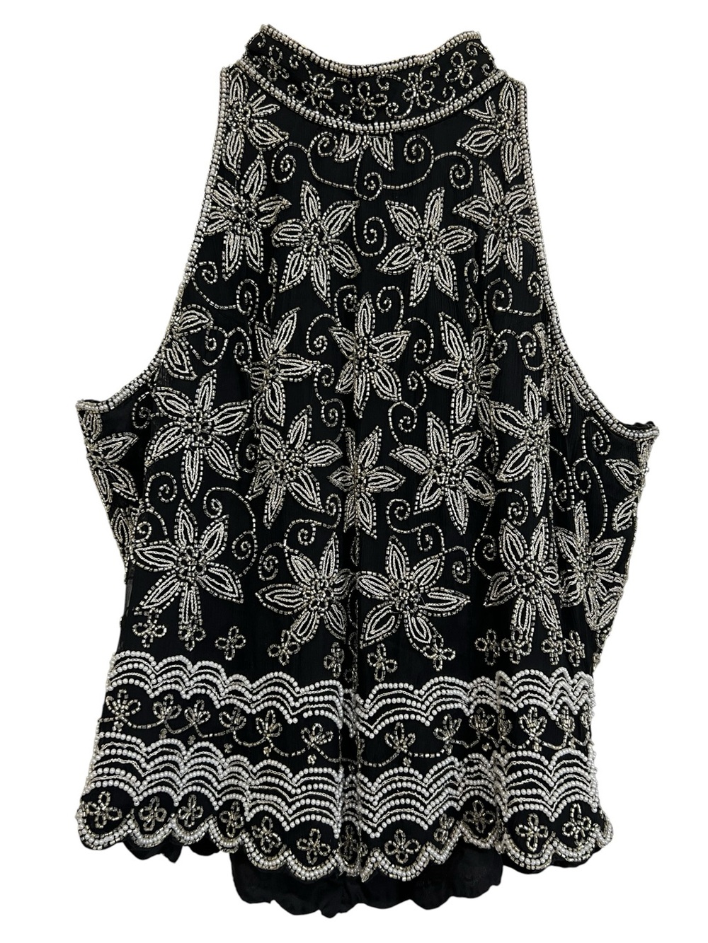 Papell Boutique Evening Beaded Floral Black Silk Halter Top Petite Large